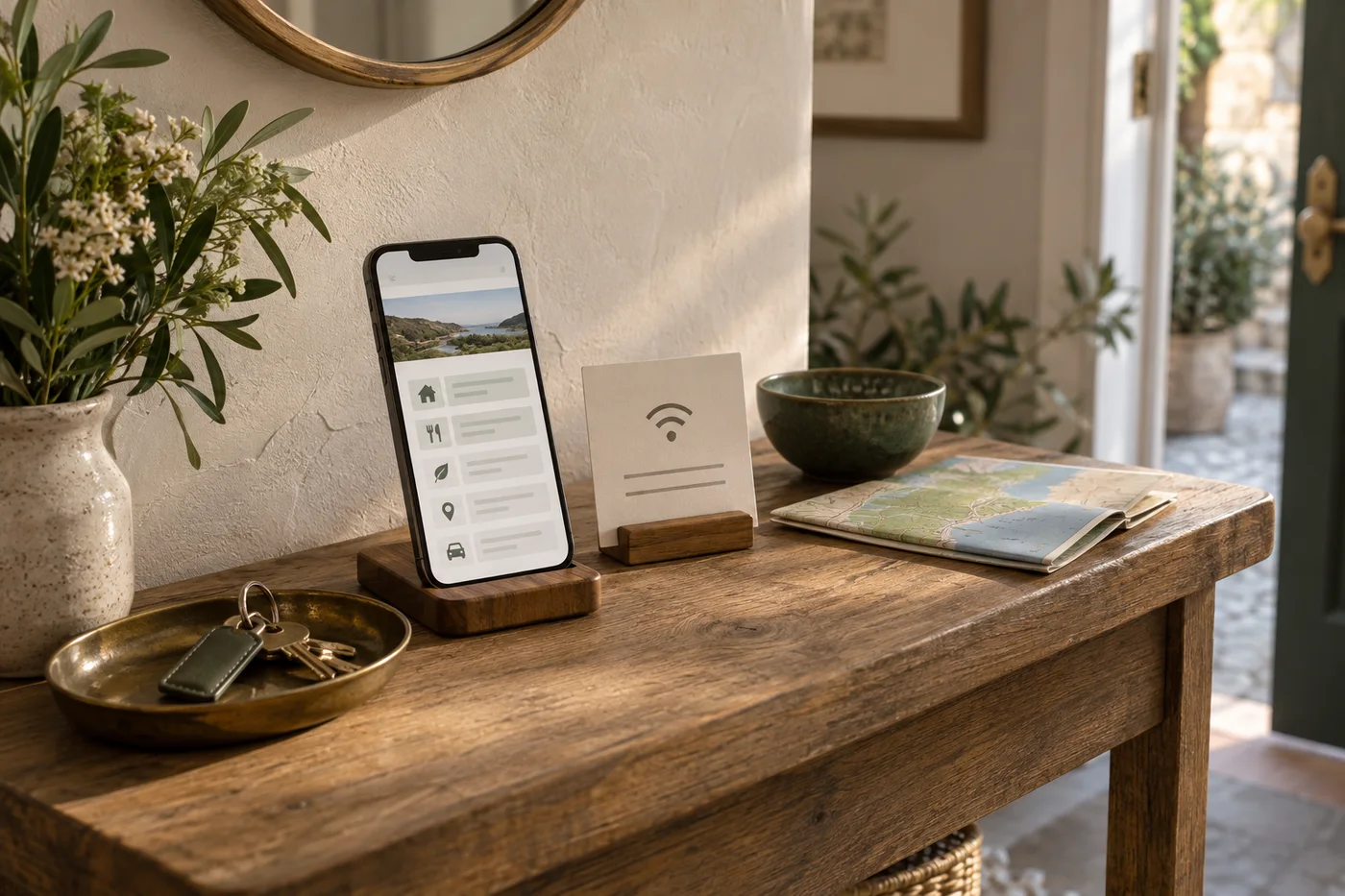 A digital guest guide, Wi-Fi details and keys arranged on a welcoming cottage entrance table.