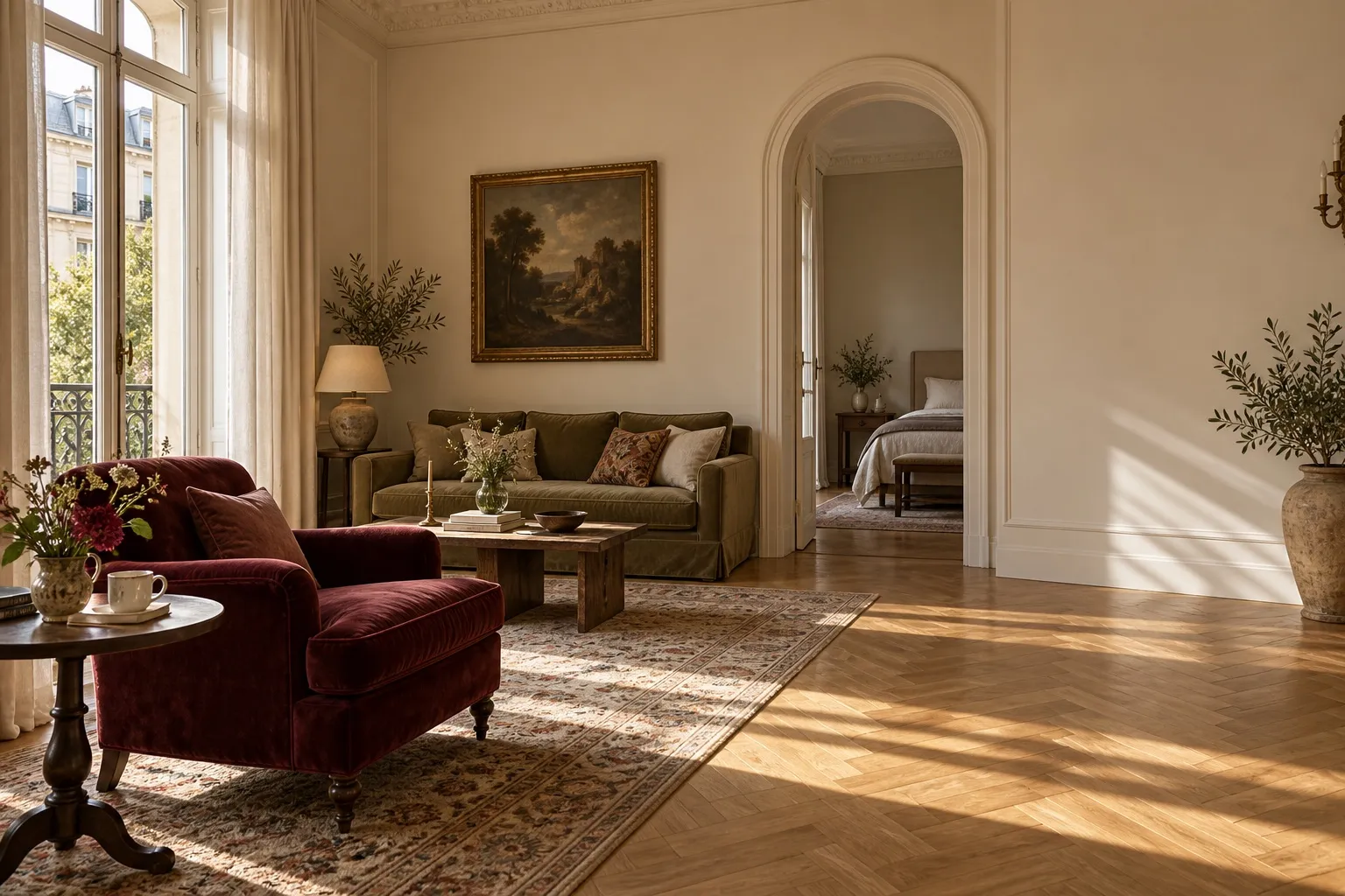 An inviting boutique guesthouse with an olive-green sofa, linen curtains, parquet flooring and warm afternoon light